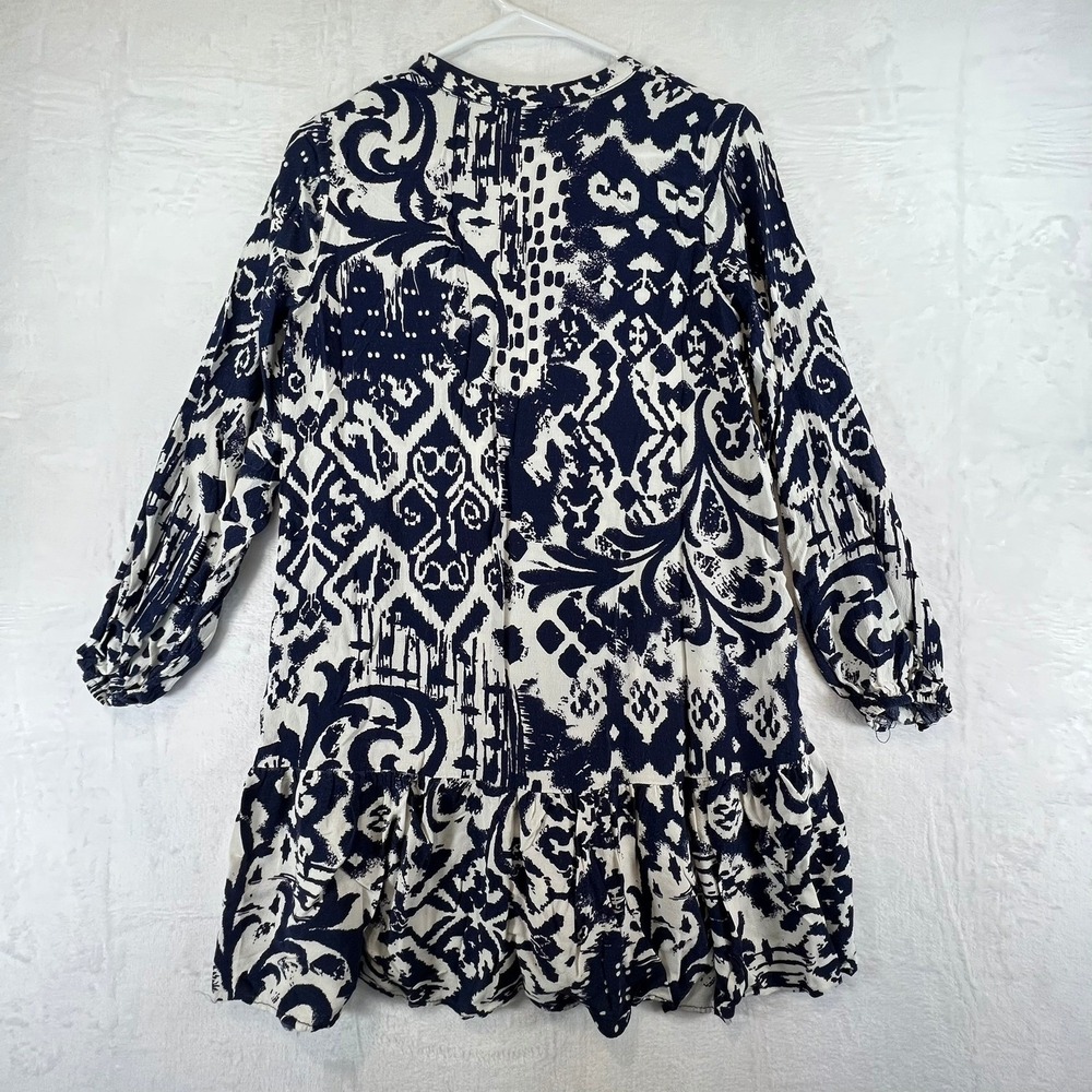 Zara Dress Mini Navy Cream Ikat Damask Print Ruffle Hem Viscose Size Medium